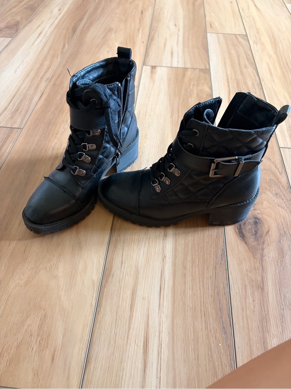 Madden Girl Black Quilted Lace-Up Combat Boots with Buckle
